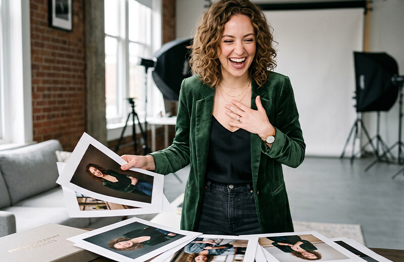 Client smiling while reviewing printed portraits during the reveal